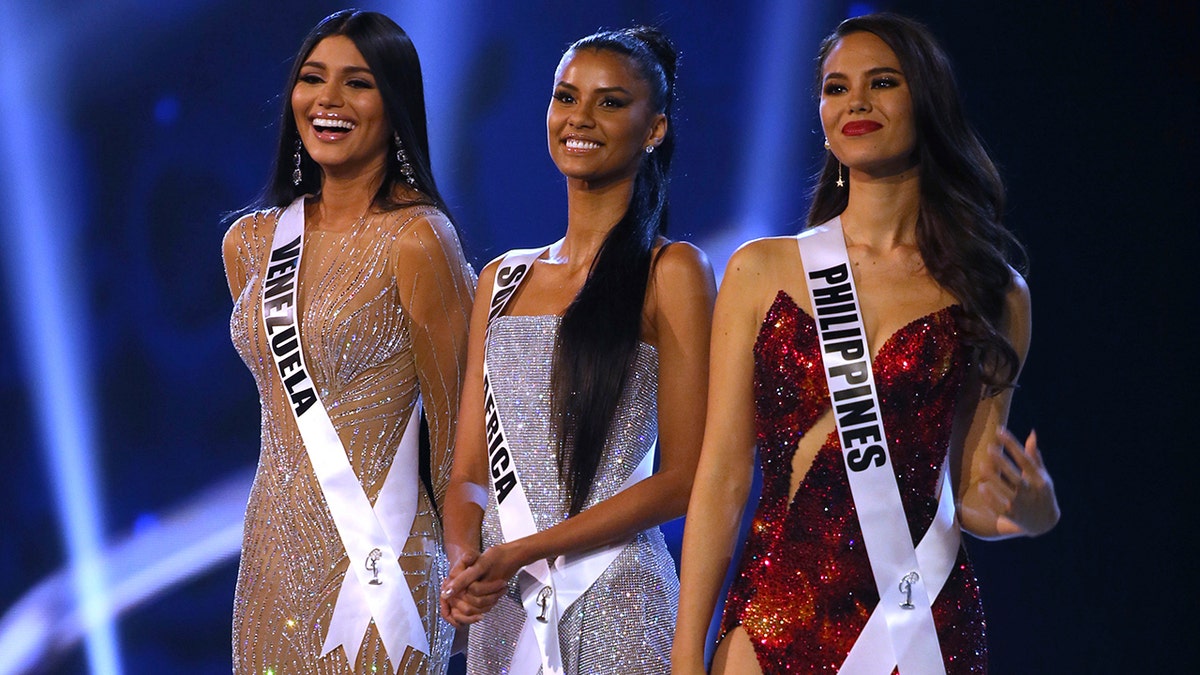 Top 3 finalists from left, Miss Venezuela Sthefany Gutierrez, Miss South Africa Tamaryn Green, Miss Philippines Catriona Gray. (Associated Press)