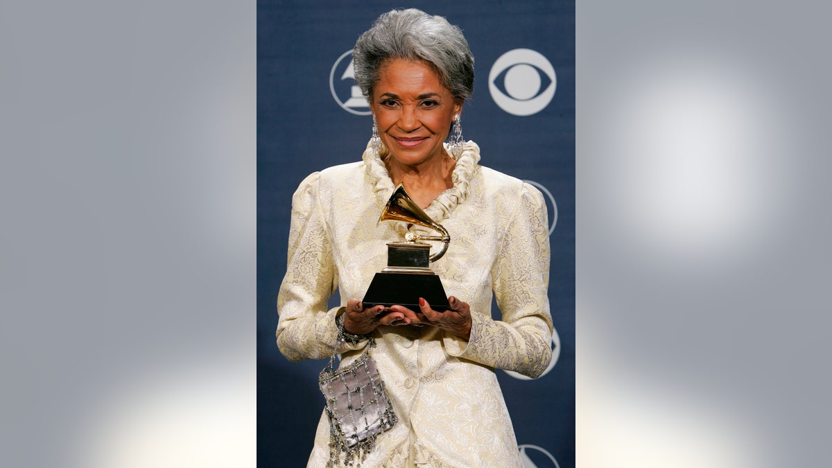 FILE - In this Feb. 13, 2005 file photo, Nancy Wilson holds her Grammy award for best jazz vocal album for "R.S.V.P. (Rare Songs, Very Personal)" at the 47th Annual Grammy Awards in Los Angeles. (Associated Press) 