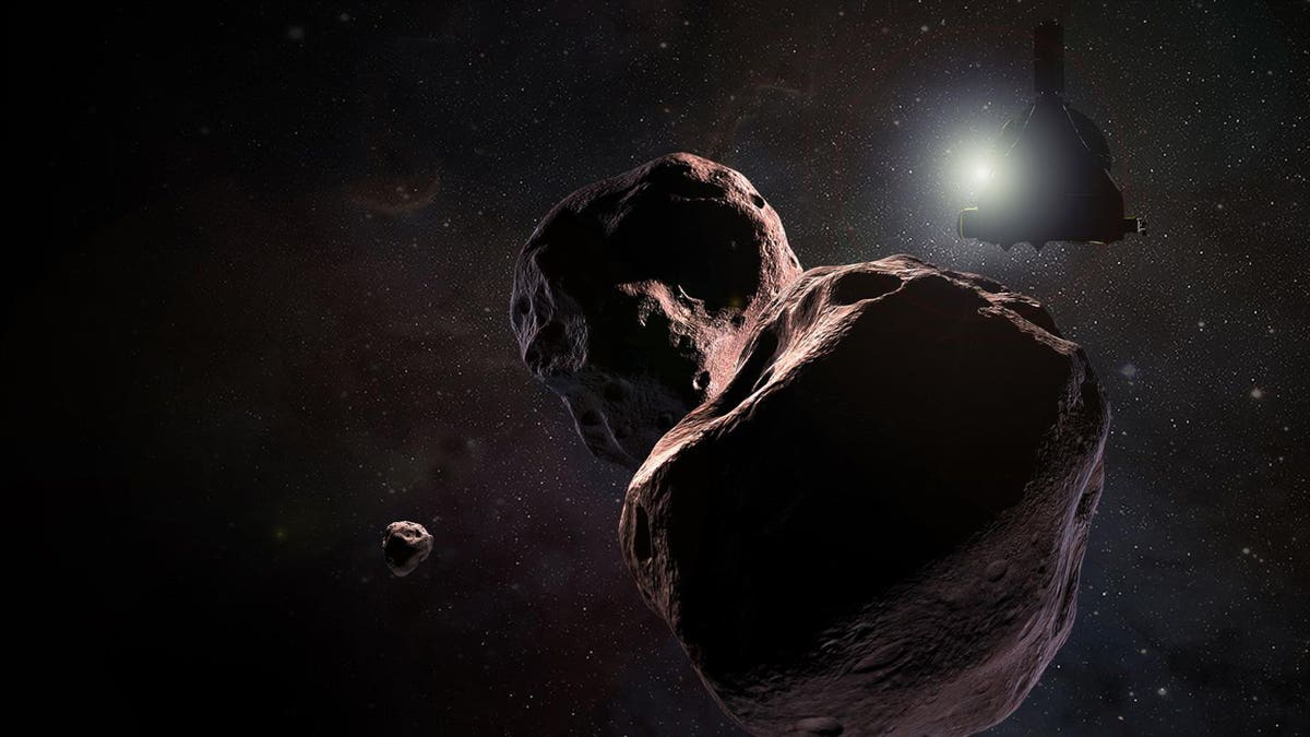 NASA's New Horizons spacecraft will make a close flyby of the Kuiper Belt object Ultima Thule, shown here in an artist's illustration, on Jan. 1, 2019. (NASA/Johns Hopkins University Applied Physics Laboratory/Southwest Research Institute/Steve Gribben)