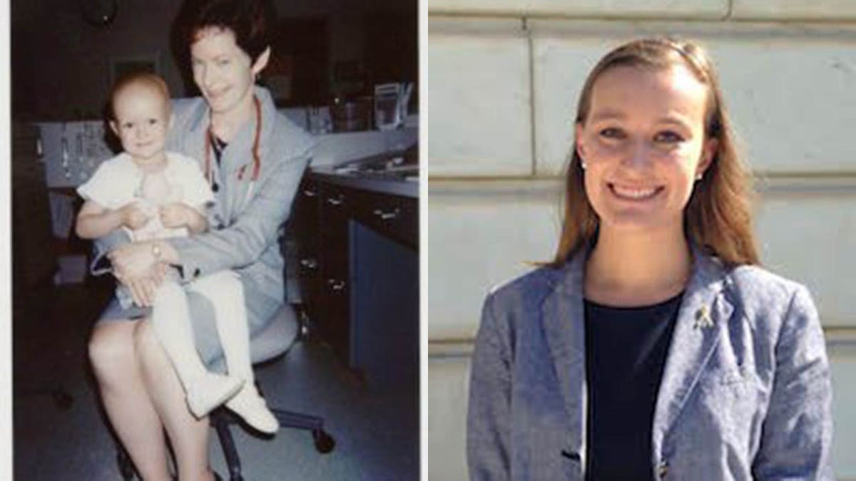 Jennifer Toth, pictured left with a member of her care team at CHOP, and right present day, now works as a nurse on an inpatient oncology unit at CHOP.