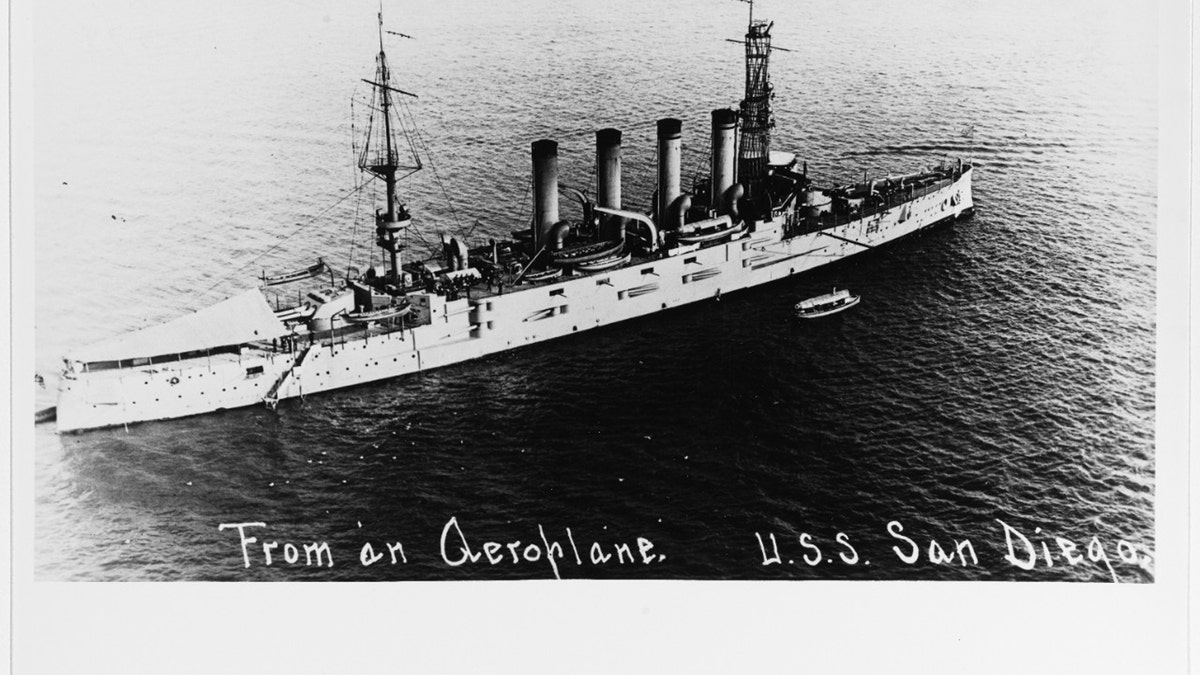 USS San Diego photographed from an airplane in San Diego harbor, Calif., on March 28, 1916. (Credit: Thomas P. Naughton, 1973. U.S. Naval History and Heritage Command Photograph.)