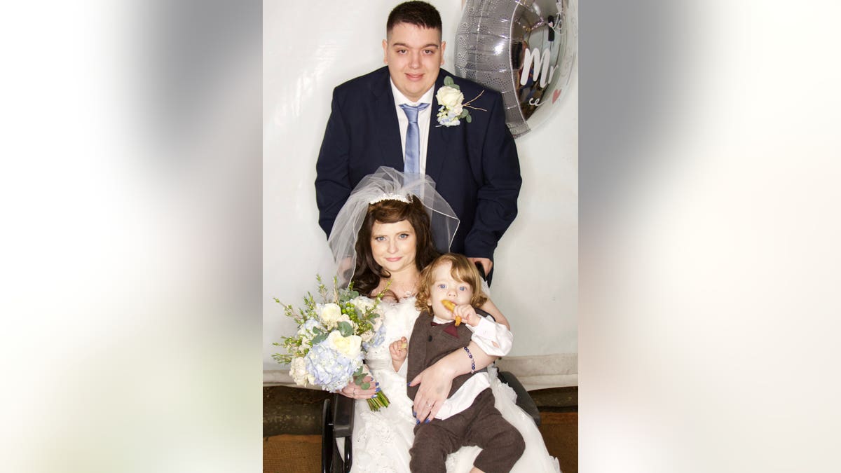 Tasha and Daniel Corley, pictured with son Alaric, were married at the Hospice of St Francis in Berkhamsted, Herts