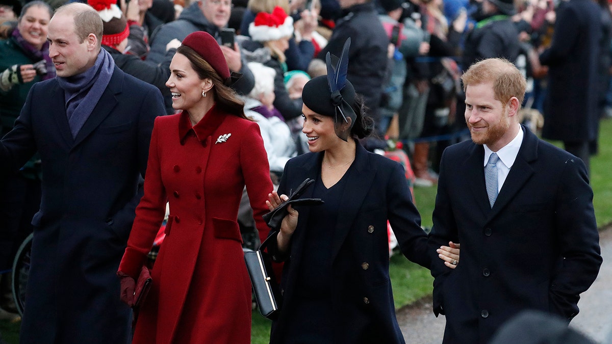 Britain's Prince William, left, Kate, Duchess of Cambridge, second left, Meghan Duchess of Sussex and Prince Harry, right, arrive to attend the Christmas day service at St Mary Magdalene Church in Sandringham in Norfolk, England, Tuesday, Dec. 25, 2018.