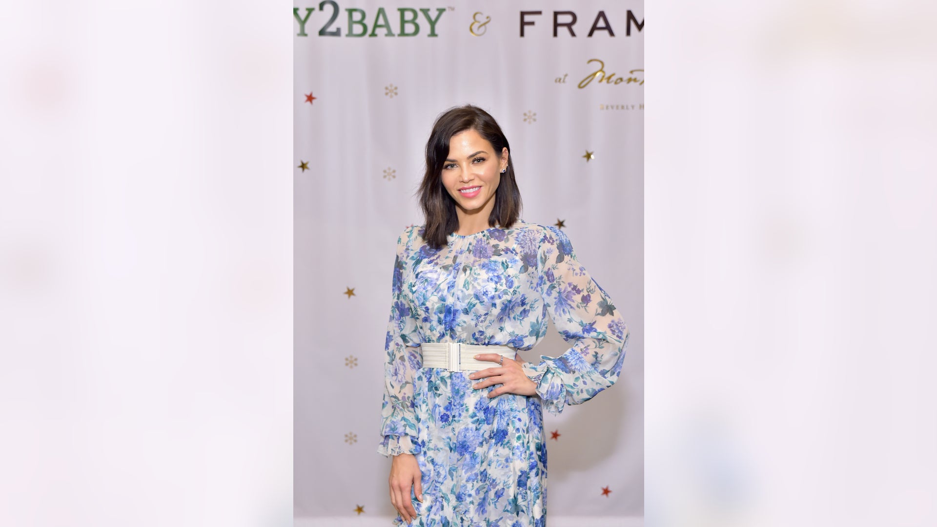 Jenna Dewan is pretty in floral at the Baby2Baby Holiday Party presented by FRAME at Montage Beverly Hills on December 16, 2018 in Los Angeles, Calif.