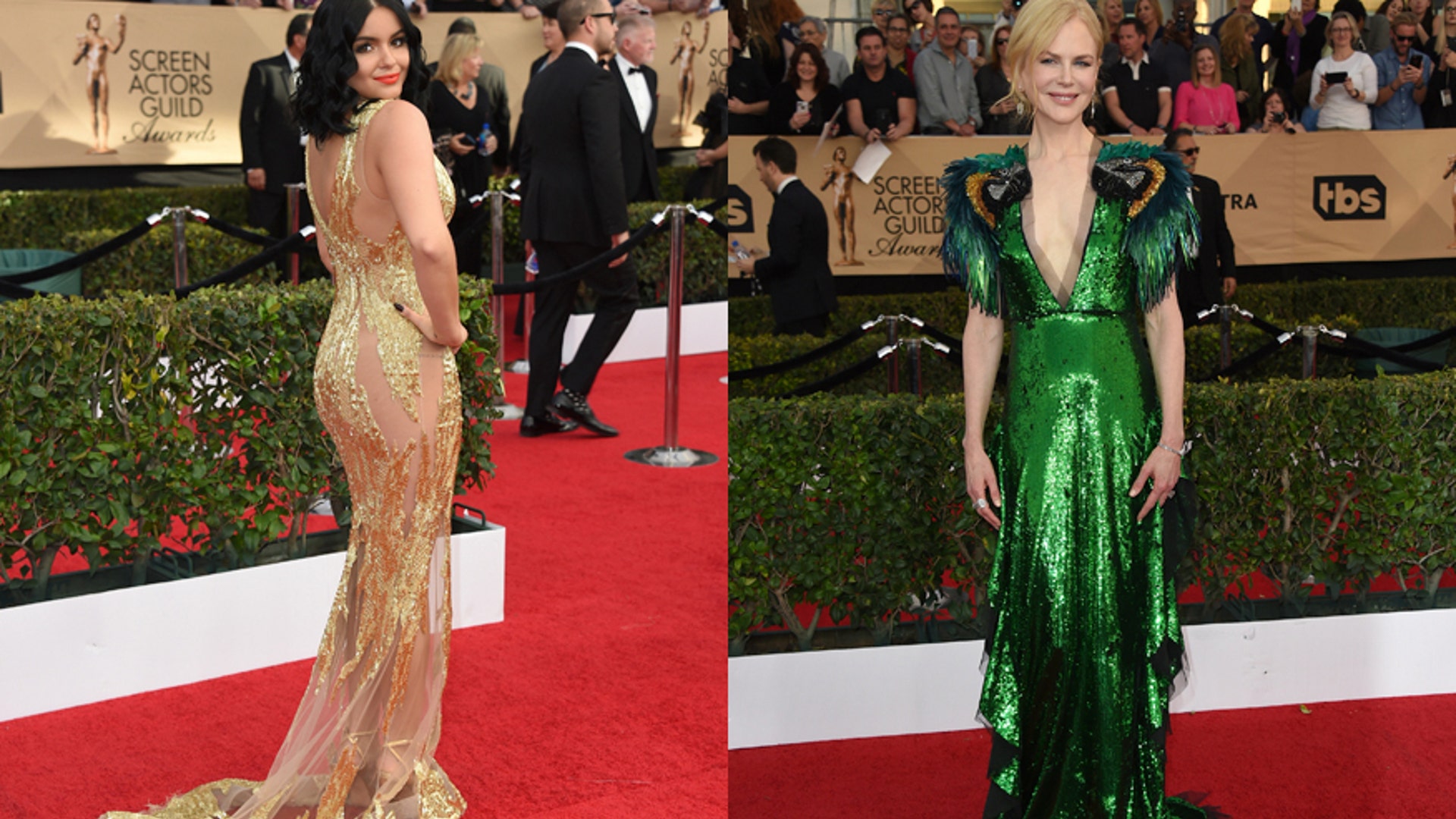 Ariel Winter (left) looked like a golden goddess at the 2017 SAG Awards in her semi-sheer lace gown. Meanwhile, Nicole Kidman (right) seriously missed the mark in her green dress that resembled a peacock.