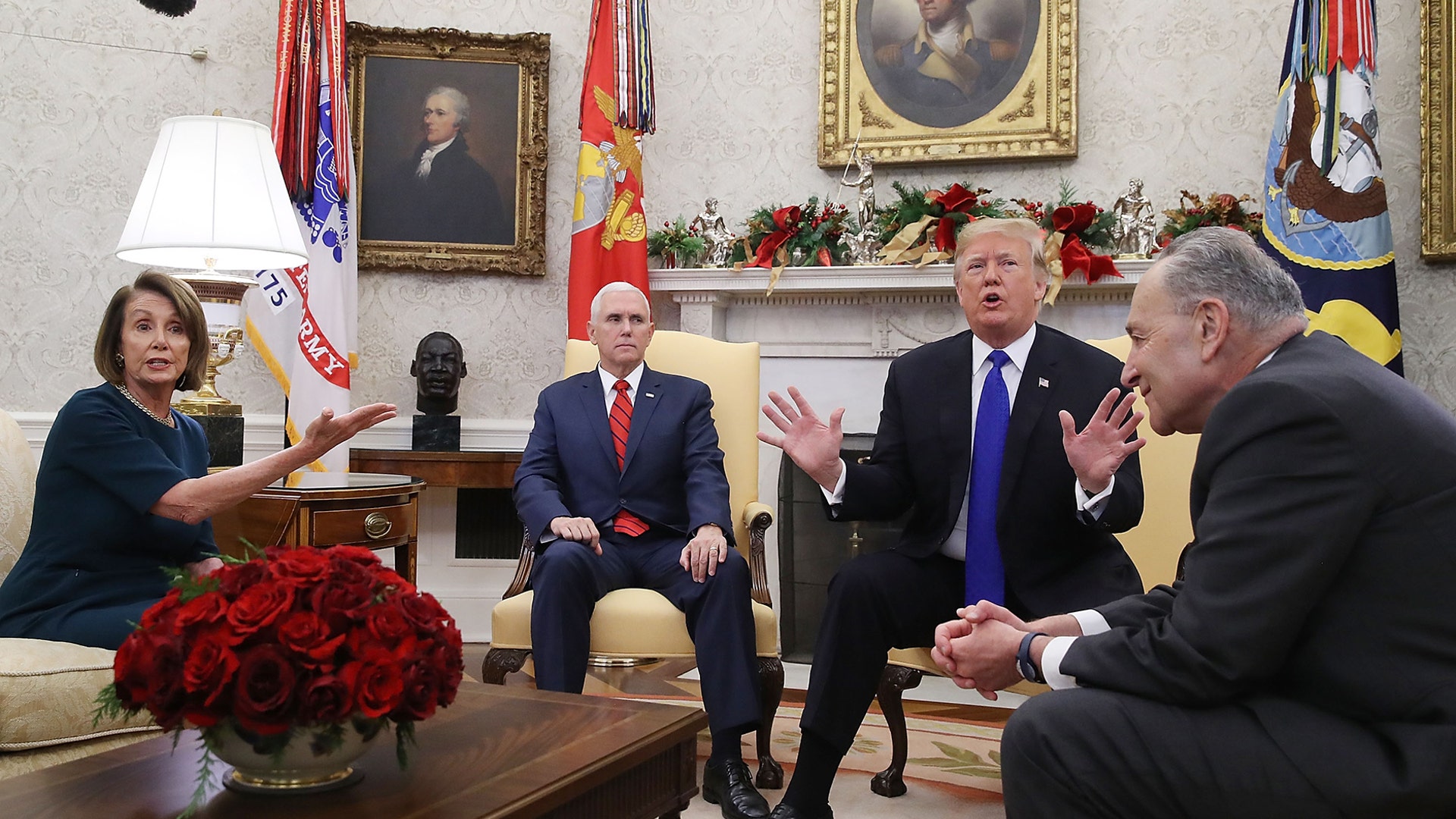President Donald Trump argues about border security with Senate Minority Leader Chuck Schumer and House Minority Leader Nancy Pelosi as Vice President Mike Pence sits nearby in the Oval Office in Washington, Dec. 11, 2018. 