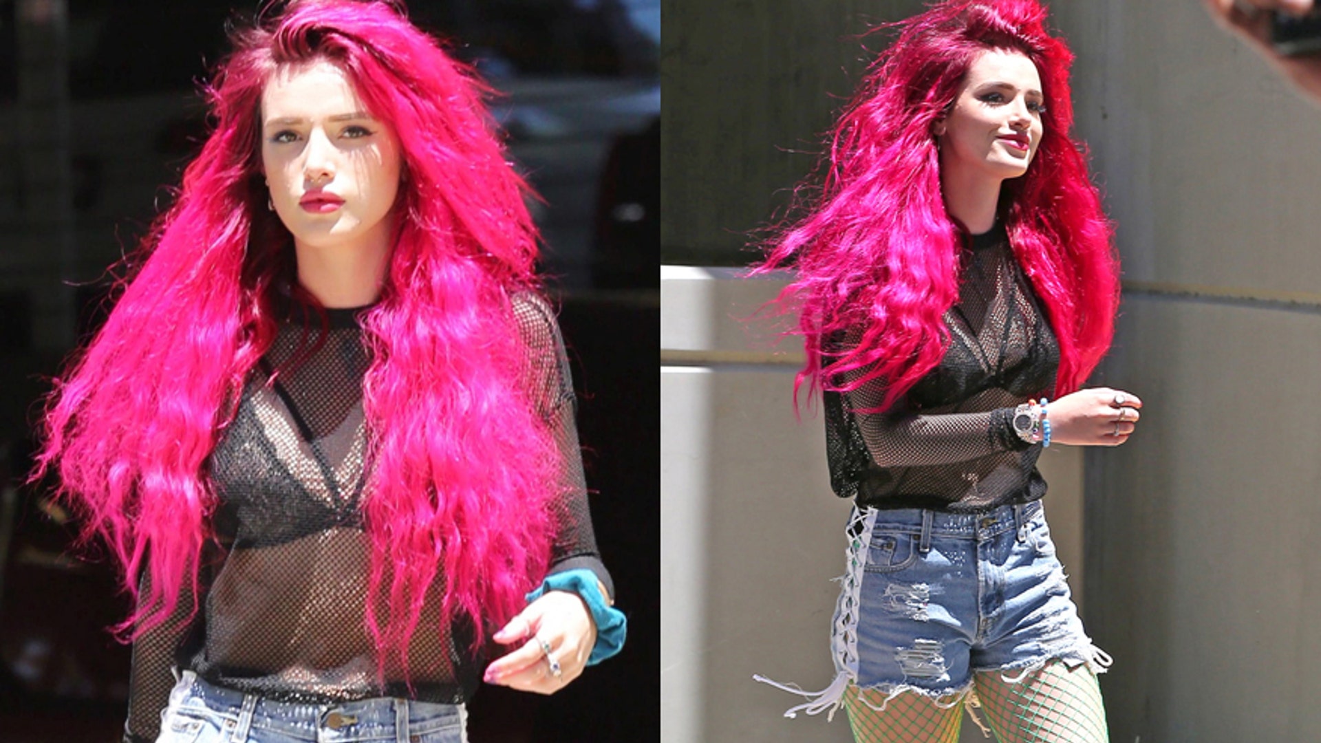 Bella Thorne looks like a hot mess with her new pink hair. The former child star donned a mesh black top showing off her black bra underneath. She finished the look with Daisy Dukes and neon fishnet tights. Someone please fire her stylist. Click here for more pics of Thorne on x17online.com.
