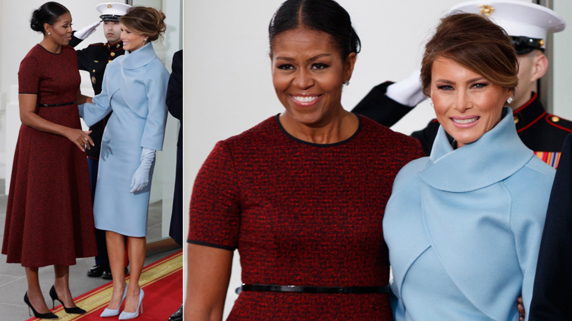 Michelle Obama and Melania Trump stunned with their Inauguration Day looks. Obama wore an A-line tweed deep red dress paired with a thin belt, and Trump sported a pale blue structured Ralph Lauren dress with a matching jacket, gloves and shoes.