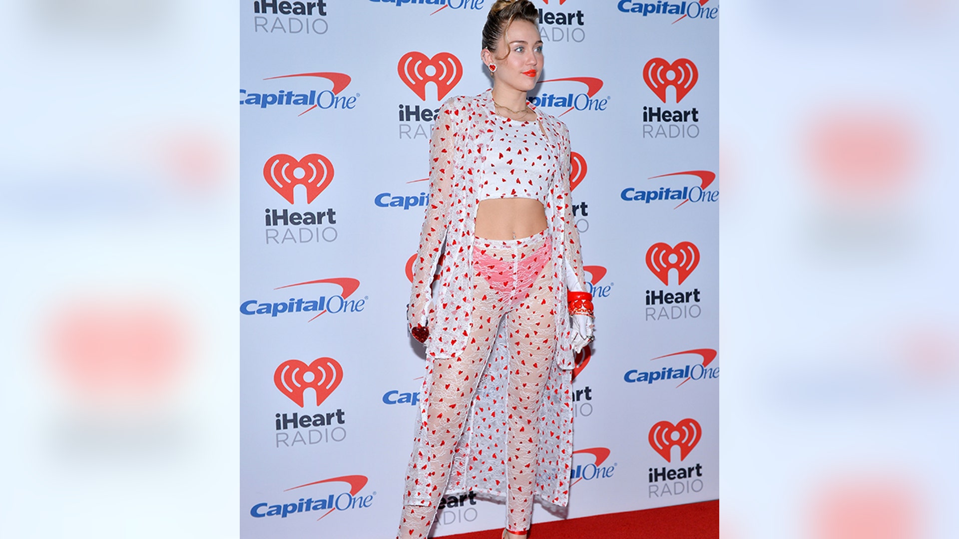 Miley Cyrus knows how to make a statement. The singer opted for completely sheer leggings with bright red underwear when she walked the red carpet at the 2017 iHeartRadio Music Festival at T-Mobile Arena in Las Vegas, Nevada.