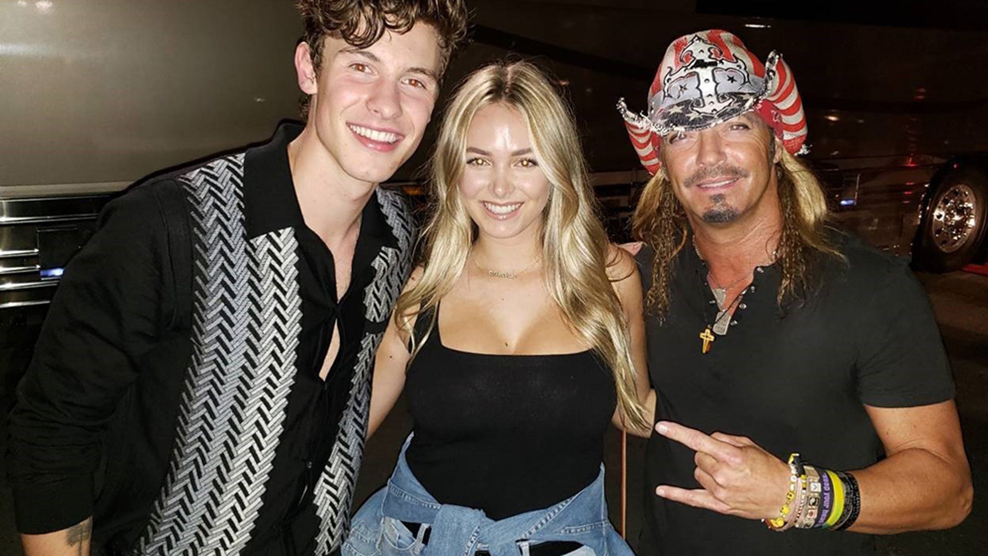 Poison singer Bret Michaels and his daughter, model Raine Michaels, were photographed with singer Shawn Mendes at the CMT Crossroads taping in Nashville.
