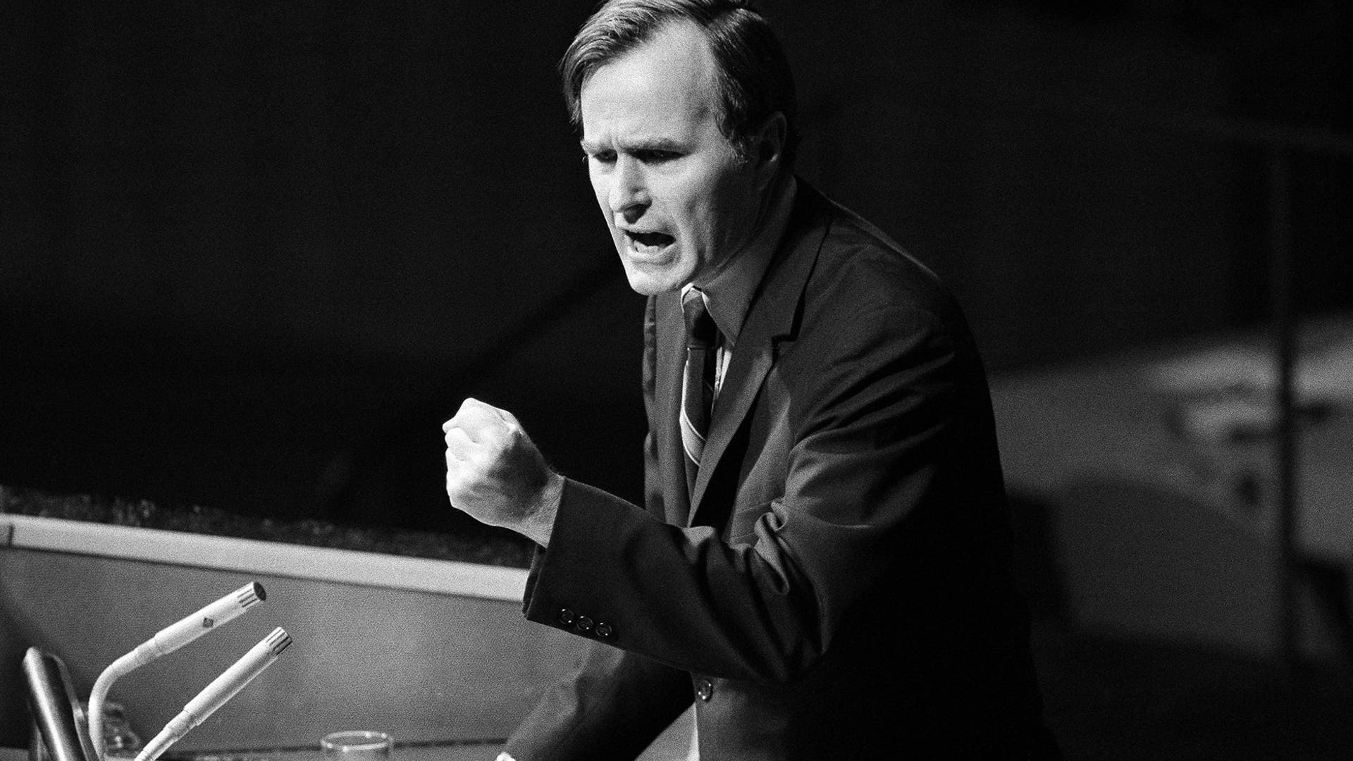 In this Oct. 18, 1971, file photo, U.S. Ambassador George H.W. Bush gestures as he addresses the United Nations General Assembly during the China debate. He denied the U.S. formula was either a "Two Chinas" or a "One China and one Taiwan" plan. 