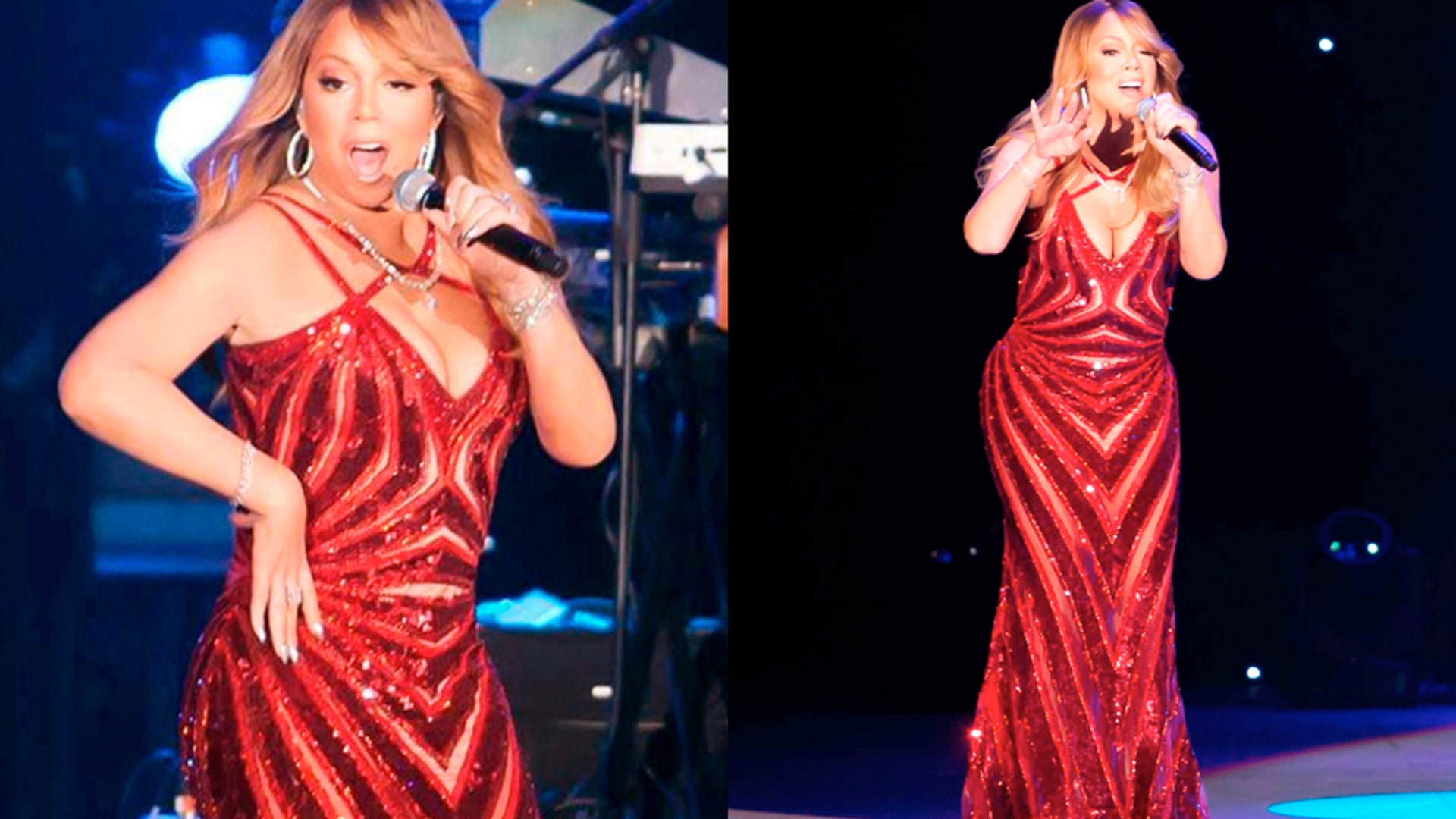 Mariah Carey showed off her curves in a hip-hugging red dress. The singer rocked the red look during her performance at the Dubai Jazz Festival. Her dress is sure to make ex-fiance James Packer jealous. Click here for more pics of Carey on X17Online.com.