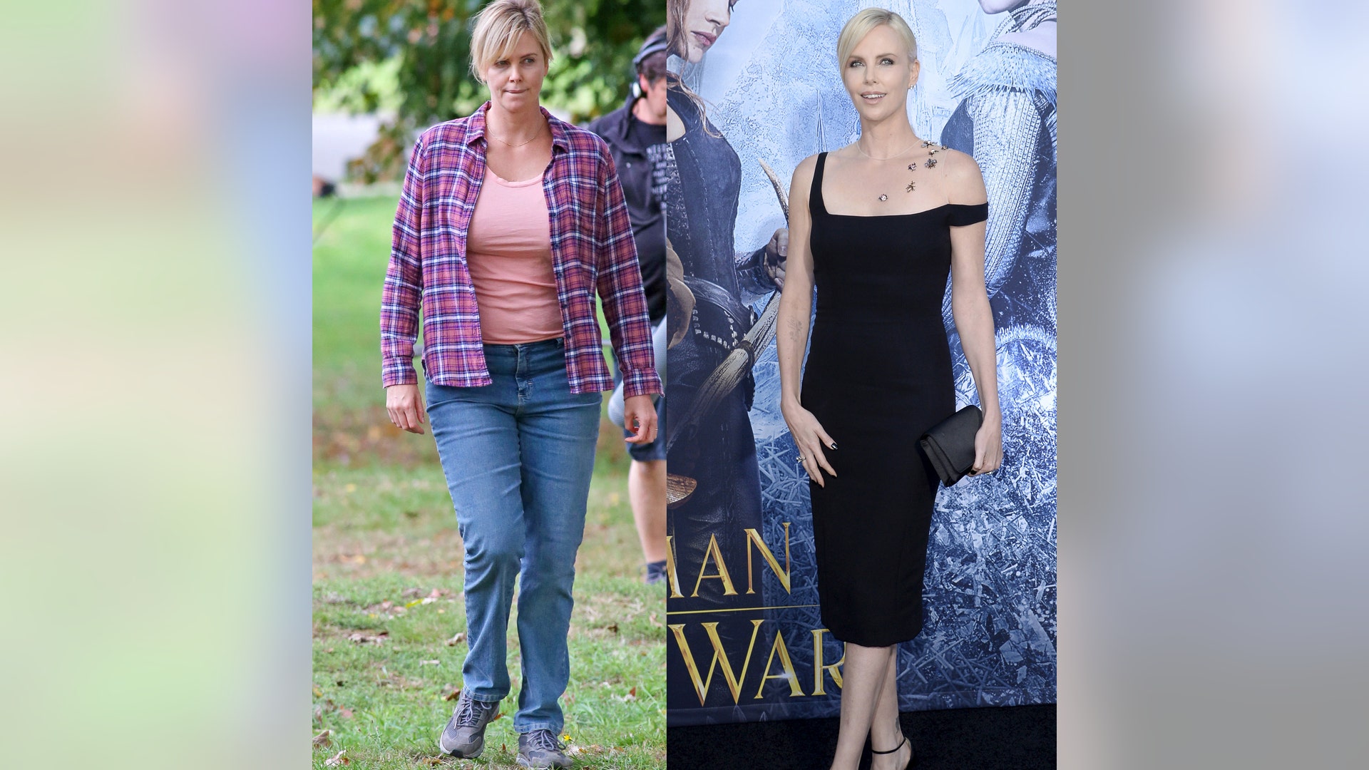 Charlize Theron was photographed looking more full-figured (left) on the Vancouver set of her upcoming film "Tully." Theron plays a mother-of-three and it's unclear whether she has gained weight for the role or if she's wearing a bodysuit. She certainly looked thinner in April (right). Photos: Dramatic celebrity transformations.