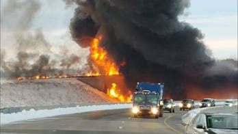 Huge fire erupts on North Carolina highway after tractor-trailer hauling 8,500 gallons of gas crashes