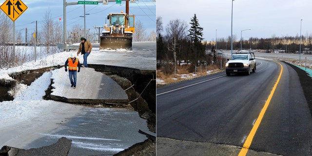 Construction workers rebuilt the ramp that was significantly damaged during a magnitude 7.0 earthquake.