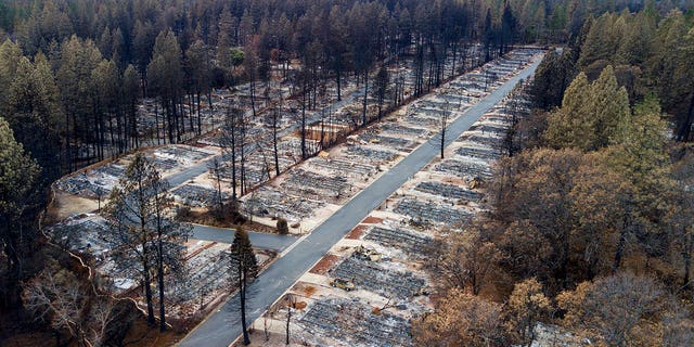 Homes leveled by the Camp Fire line the Ridgewood Mobile Home Park retirement community in Paradise, Calif., on Monday, Dec. 3, 2018.