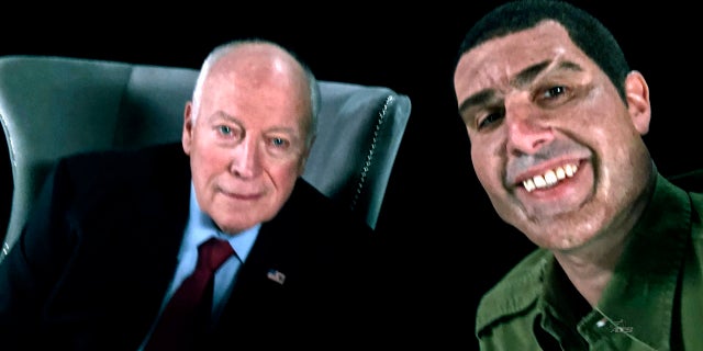 Baron Cohen's previous work includes the 2006 film "Borat" and 2012's "The Dictator." Here the actor appears with former Vice President Dick Cheney, portraying retired Israeli Col. Erran Morad in "Who Is America?" (Showtime via AP)