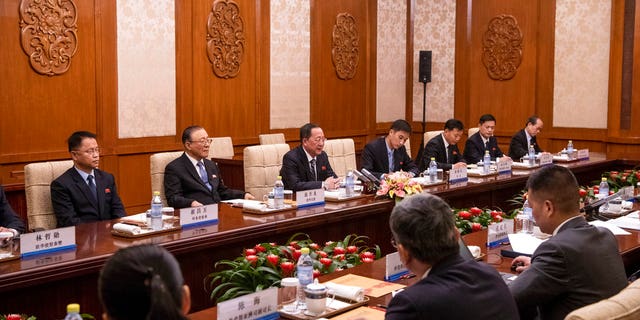 North Korean Foreign Minister Ri Yong Ho, center, speaks to China's Foreign Minister Wang Yi during a meeting at the Diaoyutai State Guesthouse in Beijing.