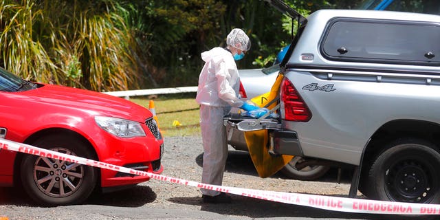 A police officer investigating the murder of British tourist Grace Millane stands at a crime scene along a section of Scenic Drive in the Waitakere Ranges outside Auckland, New Zealand, Sunday, Dec. 9, 2018.