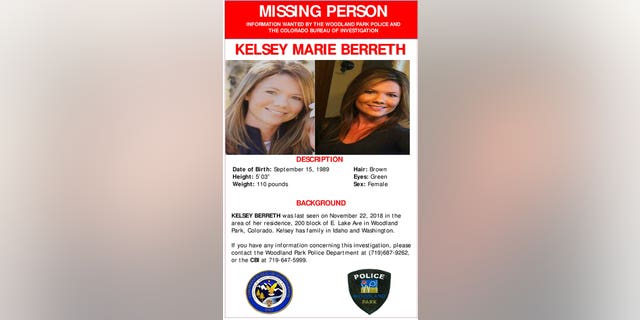 A missing person poster on Kelsey Berreth, seen on the Woodland Park, Colo., Police Department's Facebook page on Dec. 10, 2018.