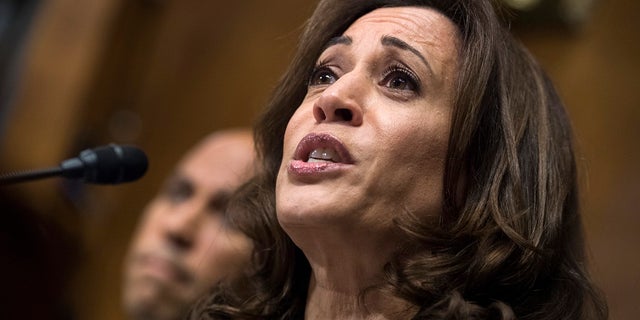 Sen. Kamala Harris, D-Calif., listens to Christine Blasey Ford testify during the Senate Judiciary Committee hearing on the nomination of Brett Kavanaugh to be an associate justice of the Supreme Court in Washington. (Tom Williams/Pool Photo via AP)