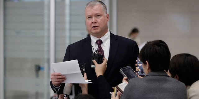 U.S. Special Representative for North Korea Stephen Biegun speaks to the media upon his arrival at Incheon International Airport in Incheon, South Korea, Wednesday, Dec. 19, 2018. (Associated Press)