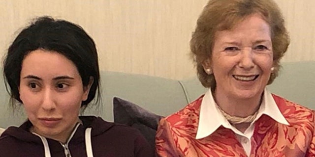 Sheikha Latifa bint Mohammed Al Maktoum, a daughter of Dubai's ruler Sheikh Mohammed bin Rashid Al Maktoum, left, meets Mary Robinson, a former United Nations High Commissioner for Human Rights and former president of Ireland, in Dubai, United Arab Emirates. (United Arab Emirates Ministry of Foreign Affairs and International Cooperation via AP)