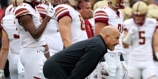 Boston College head coach Steve Addazio watches warm ups before the First Responder Bowl NCAA football game against Boise State Wednesday, Dec. 26, 2018, in Dallas. (Associated Press)