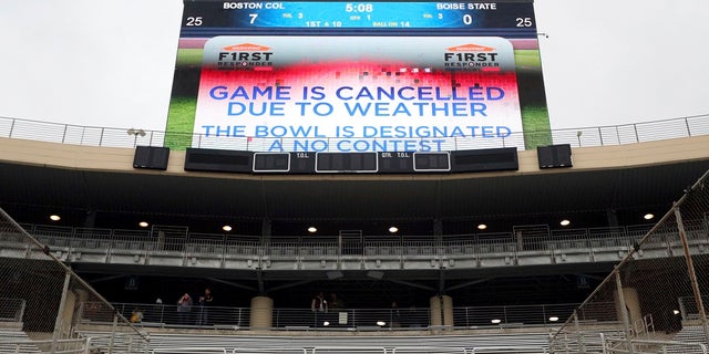 The First Responder Bowl between Boston College and Boise State was canceled due to weather and was designated a no contest after multiple lighting delays Wednesday, Dec. 26, 2018, in Dallas. (Associated Press)