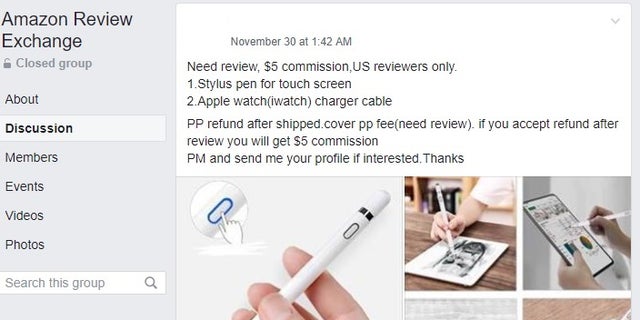 Fox News passed along this screenshot from a different Amazon review exchange group to Facebook representatives. The company shut the group down almost immediately. (Facebook/Fox News)