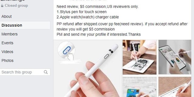 Fox News passed along this screenshot from a different Amazon review exchange group to Facebook representatives. The company shut the group down almost immediately. (Facebook/Fox News)