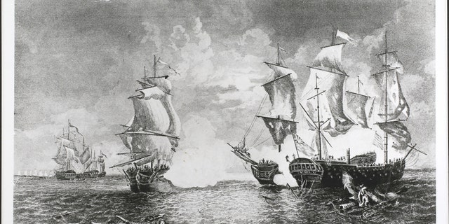 A depiction of the battle between USS Bonhomme Richard and the British frigate HMS Serapis.