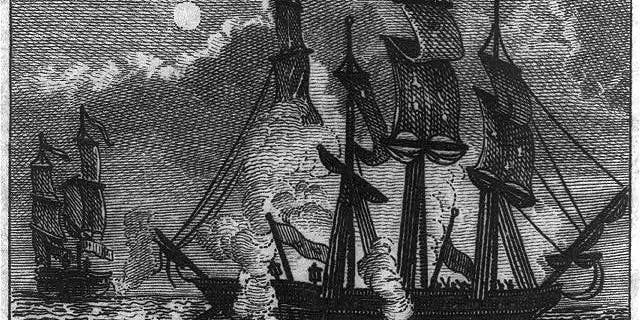 Illustration of the battle between USS Bonhomme Richard and HMS Serapis, from "Memoirs de Paul Jones." (Library of Congress)