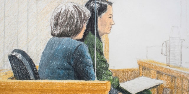 In this courtroom sketch, Meng Wanzhou, right, the chief financial officer of Huawei Technologies, sits beside a translator during a bail hearing at British Columbia Supreme Court in Vancouver, on Friday, Dec. 7, 2018. Meng faces extradition to the U.S. on charges of trying to evade U.S. sanctions on Iran. She appeared in a Vancouver court Friday to seek bail. (Jane Wolsak/The Canadian Press via AP)