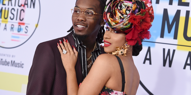 Offset, left, and Cardi B arrive at the American Music Awards at the Microsoft Theater on October 9, 2018 in Los Angeles, Calif.