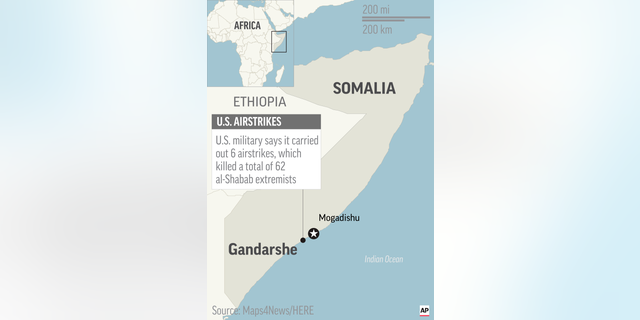Map locates Gandarshe, Somalia, where U.S. airstrikes killed al-Shabab extremists; 2c x 4 1/2 inches; 96.3 mm x 114 mm;