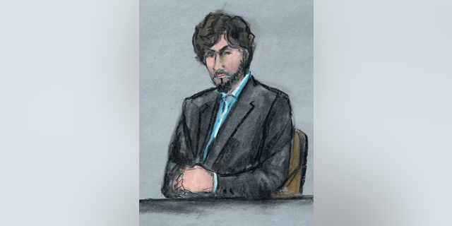 FILE - In this June 24, 2015 file courtroom sketch, Boston Marathon bomber Dzhokhar Tsarnaev sits as survivors and victim's family members address the court before U.S. District Judge George O'Toole Jr., in federal court in Boston. Tsarnaev's attorneys are expected to file on Thursday, Dec. 27, 2018, a lengthy brief detailing their appeal of his death sentence. (Jane Flavell Collins via AP, File)