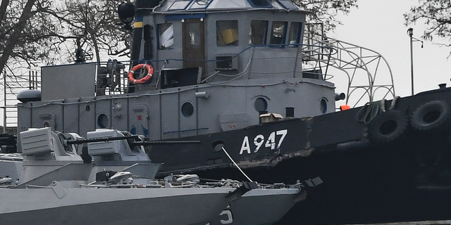 FILE - In this Nov. 25, 2018 file photo, damage can be seen to one of three Ukrainian ships seized by Russia during a naval incident near the annexed Crimean Peninsula. A top official from Ukraine has told the BBC in remarks posted on Wednesday, Dec. 19, 2018, that the country plans to again send its warships into the Sea of Azov, a move that could set the stage for another clash with Russia. (AP Photo, File)