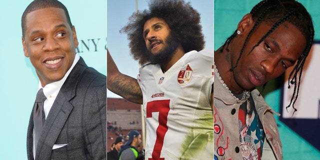 Jay-Z, left, is reportedly attempting to talk Travis Scott, right, out of performing in the Super Bowl over Colin Kaepernick. (Associated Press)