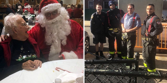 A 104-year-old woman in New York hoping to ring in the holiday season was reportedly able to go to a Christmas party with the help of a few strong firefighters.