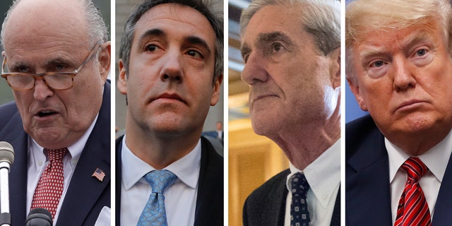 President Trump’s lawyer Rudy Giuliani, far left, is questioning the ethics and tactics of special counsel Robert Mueller, second from right, who is investigating Russian interference in the presidential election and possible coordination with the Trump campaign, in light of the surprise plea agreement Thursday with Michael Cohen, Trump's former lawyer.