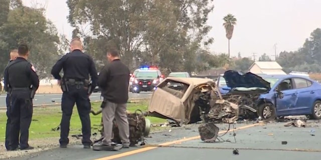 The scene after Gustavo Garcia crashed a stolen truck in Porterville, Calif. , on Monday.