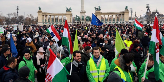 Participants of the anti-government demonstration under the title Merry Christmas, Mr. Prime Minister gathering in Heroes' Square in Budapest on Sunday. (Balazs Mohai/MTI via AP)