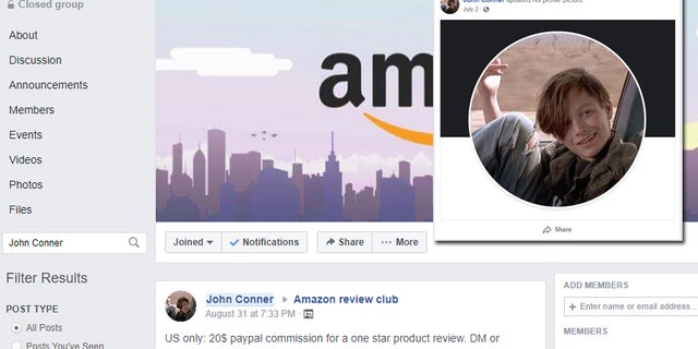 A Facebook user by the name of "John Conner," a member of the "Amazon review club" group, looks a lot like the character "John Connor" from the film Terminator 2: Judgement Day. (Facebook/Fox News)