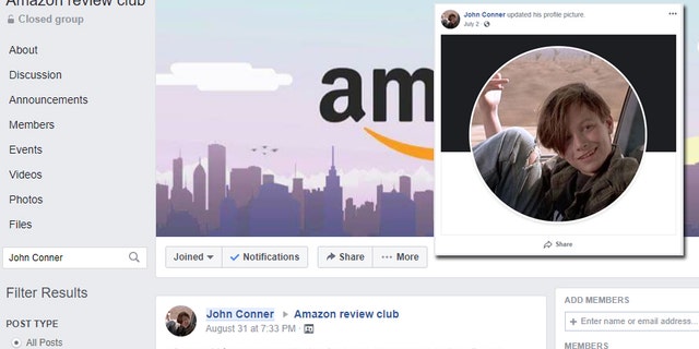 A Facebook user by the name of "John Conner," a member of the "Amazon review club" group, looks a lot like the character "John Connor" from the film Terminator 2: Judgement Day. (Facebook/Fox News)