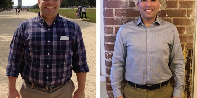 The author in 2015 (left) and today, nearly 80 pounds lighter.