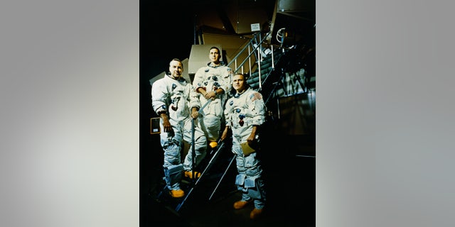 The Apollo 8 Crew included (L to R) Jim Lovell, Command Module (CM) pilot; Bill Anders, Lunar Module (LM) Pilot; and Frank Borman, Commander.
