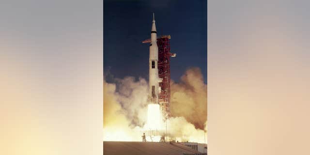The Apollo 8 crew launches on the first manned mission to the Moon.