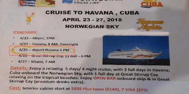 Rohrer told Elliott Advocacy they later found out Norwegian Cruise Lines had changed the scheduled departure time at Havana from 5 p.m. to 2 p.m.