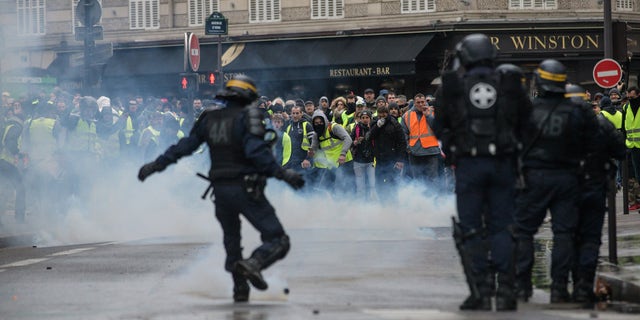 Clashes between police and demonstrators, during demonstration of the "Yellow vests", in Paris, France, on December 8th 2018.